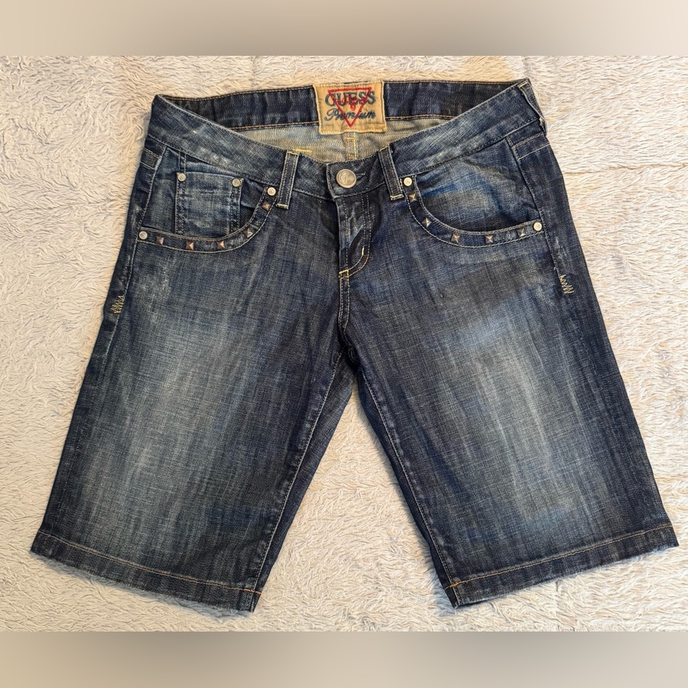 Guess Premium Y2K Low Rise Denim Blue Distressed Bermuda Shorts w/ Bronze Studs